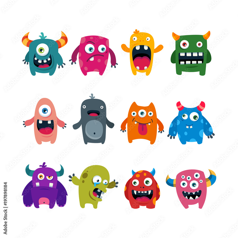 Naklejka set of cartoon cute monsters. flat vector illustration