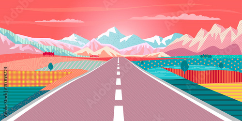Vector Summer painting poster Road trip to rocky mountains, car, sunset sky, rural landscape, Adventures in nature, Traveling, Voyage, Camping, outdoor recreation, highway