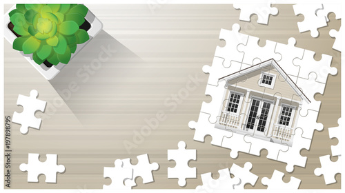 Dream house concept with puzzle house on wooden board background , vector , illustration