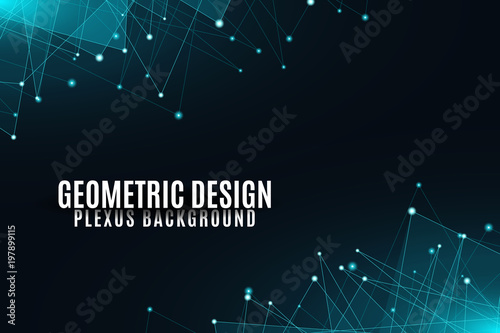 Abstract geometric background. Blue glowing connected triangles on a dark background. Plexus web. Template for your project. Big data. Modern polygonal design. Vector illustration
