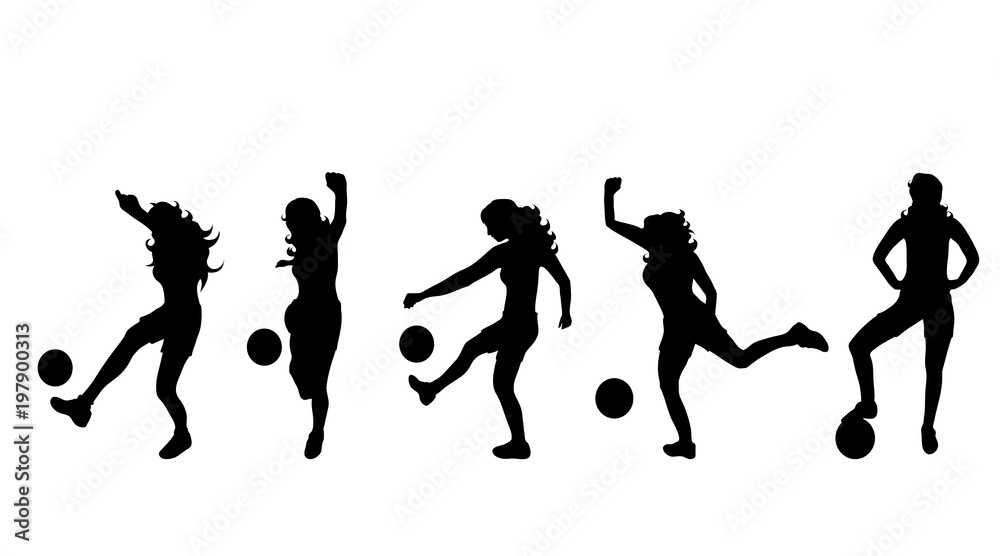 Vector silhouette of woman who play football on white background.