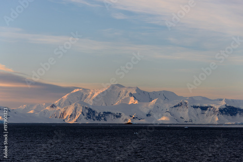 Antarctic landscape at sunset