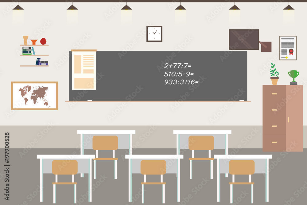 School room interior,classroom with furniture, Stock Illustration
