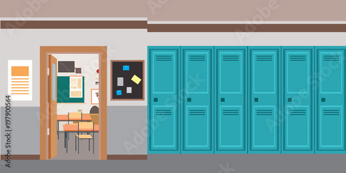 Cartoon empty School interior and open door in classroom.