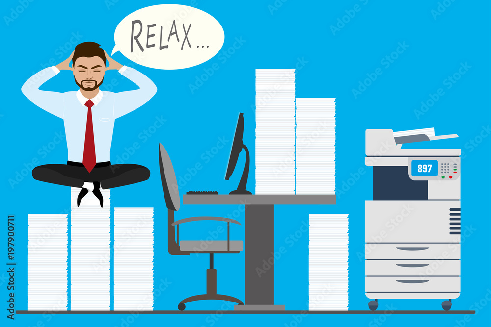 Businessman is sitting on pile of paper in a lotus pose Businessman is sitting on pile of paper in a lotus pose