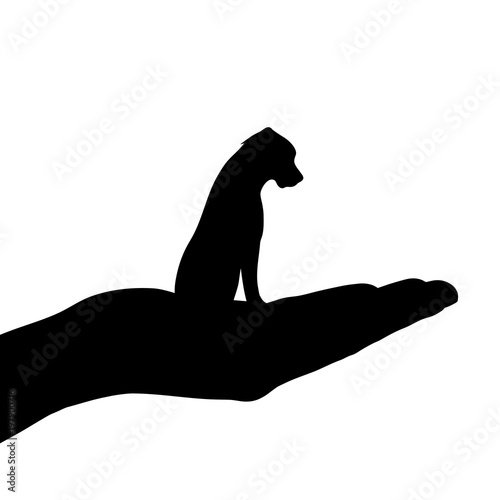 Vector silhouette of hand with dog on white background.