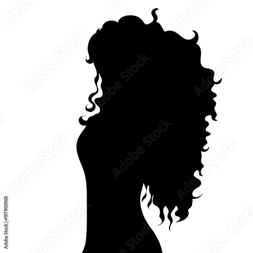 Vector silhouette of woman with long hair on white background.