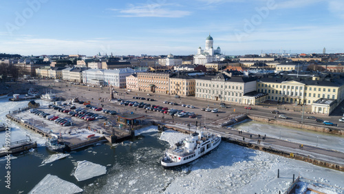 Aerial view of beautiful city Helsinki at spring. Blue sky and clouds.
