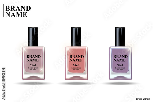 Nail polish, collection of transparent glass bottles with purple and pink nail varnish on white background