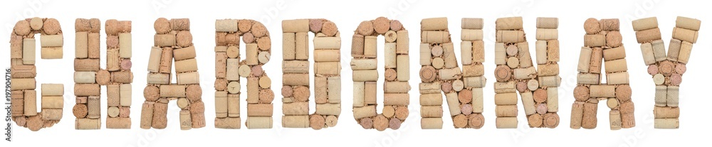Grape variety Chardonnay made of wine corks Isolated on white background