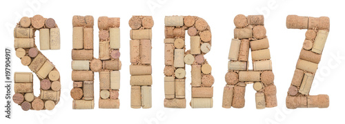 Grape variety Shiraz made of wine corks Isolated on white background