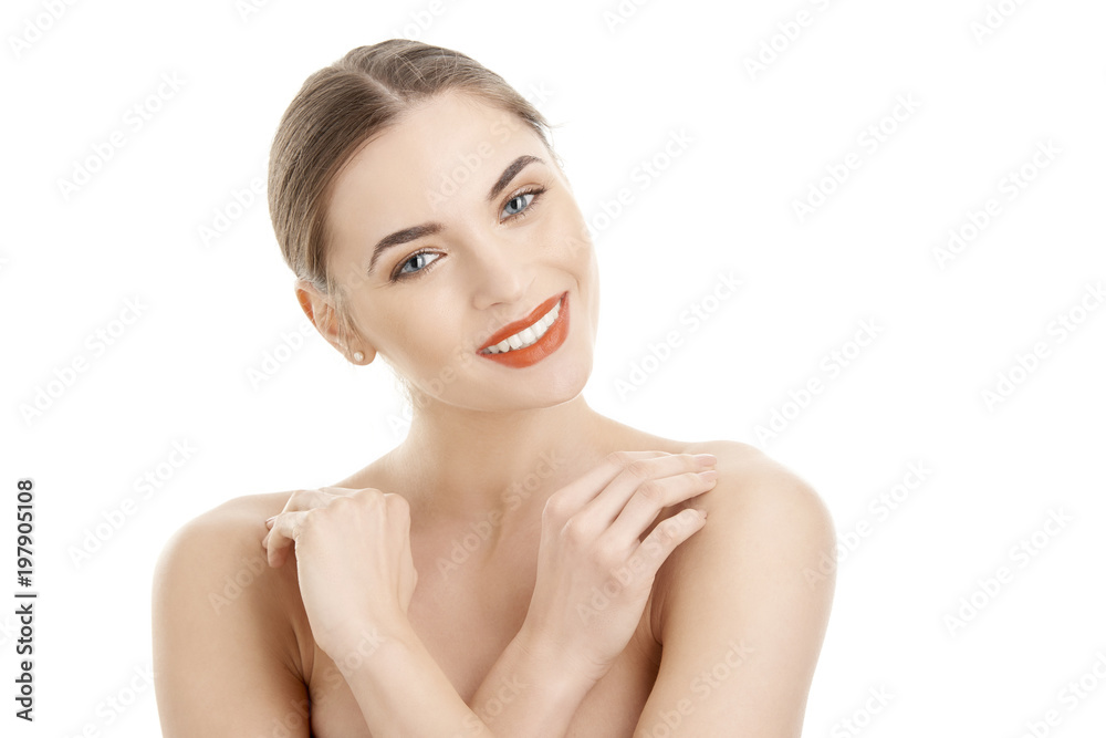 Beautiful young woman with perfect facial skin Beauty portrait against isolated white background Beautiful young woman with perfect facial skin Beauty portrait against isolated white background