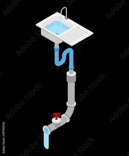Kitchen sink isometry isolated. Water pipes. Pipe for water removal. Sewerage