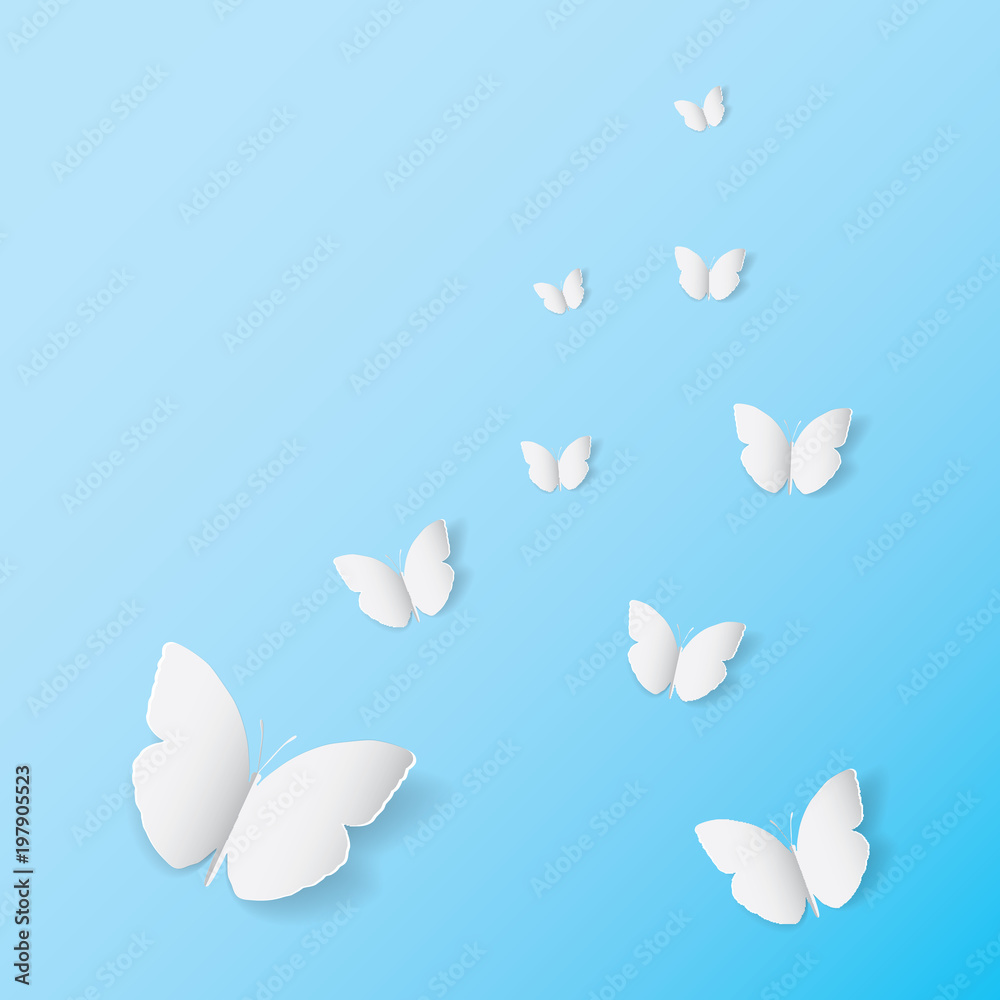 White butterfly paper art icon on blue banner background, wedding card invitation printing template. Love flying wings backdrop bright cyan wallpaper. White butterfly paper art icon on blue banner background, wedding card invitation printing template. Love flying wings backdrop bright cyan wallpaper.