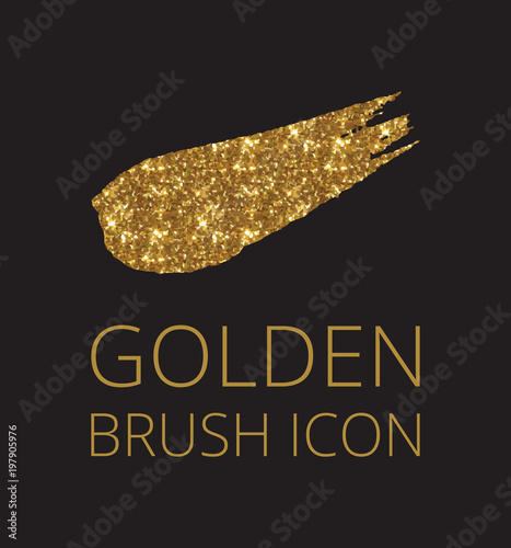 Gold glitter font brush on black background, golden vector cmyk illustration, glossy printing template.