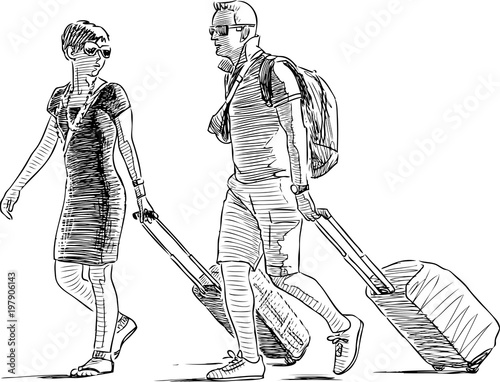 Sketch of a couple of vacationers with luggage