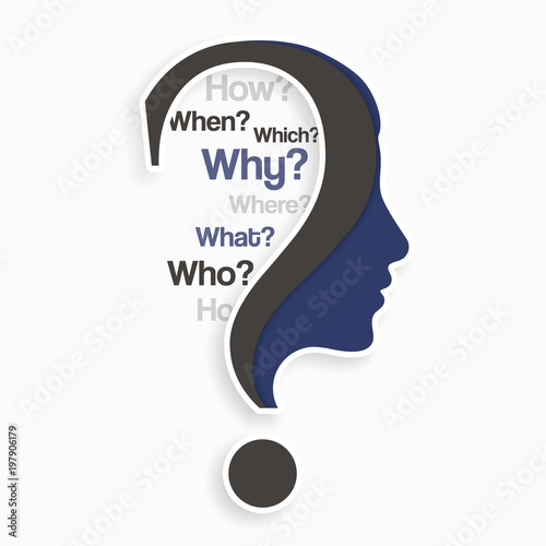 Question mark with human head and lot of questions. Education and innovation concept. Vector.