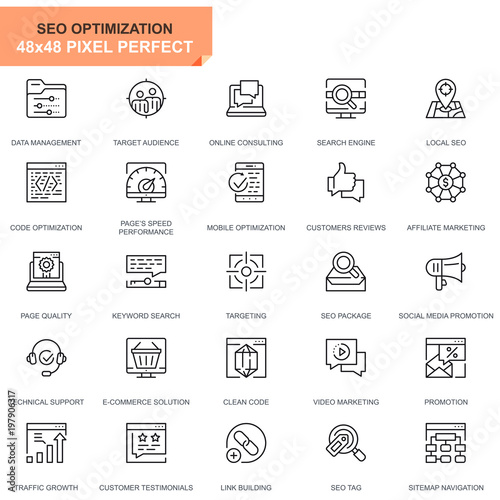 Simple Set Seo and Web Optimization Line Icons for Website and Mobile Apps. Contains such Icons as Target, Marketing, Traffic Growth. 48x48 Pixel Perfect. Editable Stroke. Vector illustration.