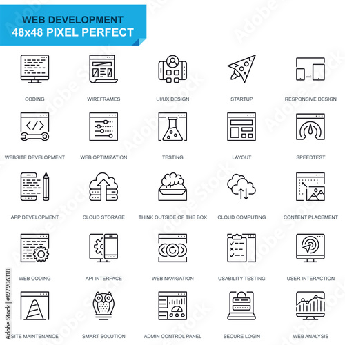 Simple Set Web Disign and Development Line Icons for Website and Mobile Apps. Contains such Icons as Coding, App Development, Usability. 48x48 Pixel Perfect. Editable Stroke. Vector illustration.