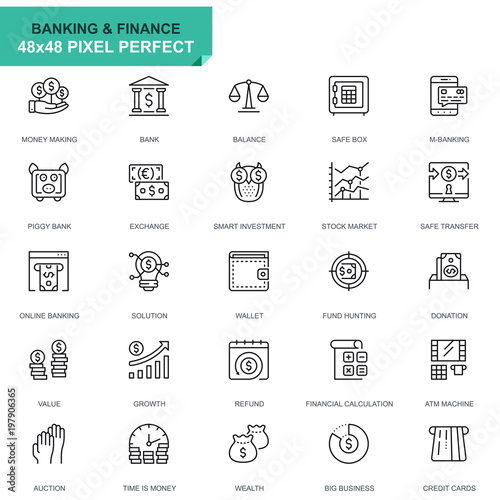 Simple Set Banking and Finance Line Icons for Website and Mobile Apps. Contains such Icons as Balance, E-Banking, Auction, Financial Growth. 48x48 Pixel Perfect. Editable Stroke. Vector illustration.