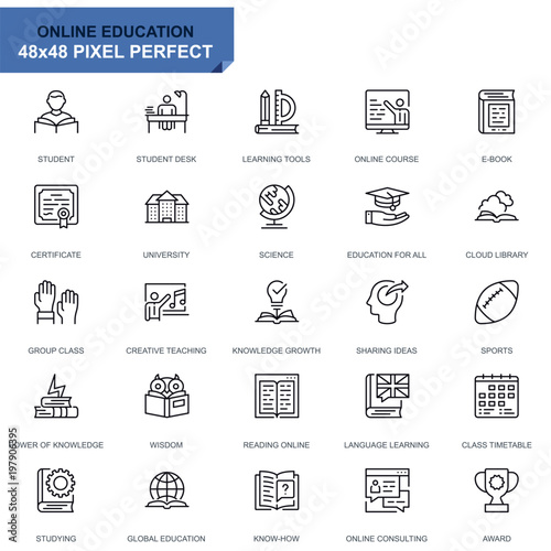 Simple Set Education and Knowledge Line Icons for Website and Mobile Apps. Contains such Icons as Online Course, University, Studying, Book. 48x48 Pixel Perfect. Editable Stroke. Vector illustration.