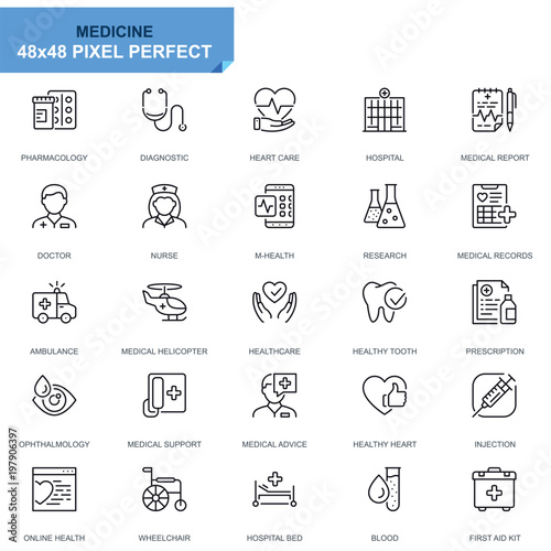 Simple Set Healthcare and Medical Line Icons for Website and Mobile Apps. Contains such Icons as Ambulance, First Aid, Research, Hospital. 48x48 Pixel Perfect. Editable Stroke. Vector illustration.
