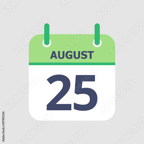 Flat icon calendar 25th of August isolated on gray background. Vector illustration.