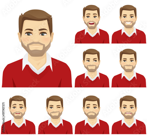 Man with different facial expressions set vector illustration
