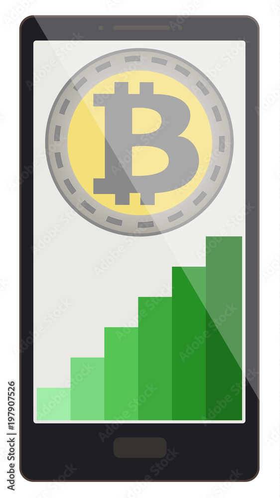 bitcoin coin with growth graph on a phone screen
