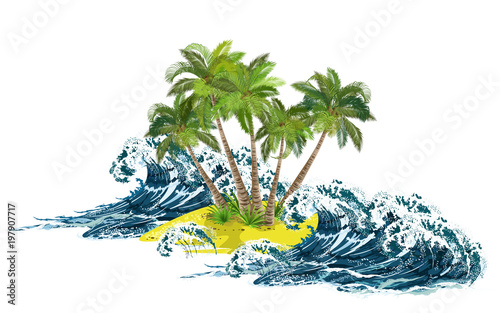 Storm sea waves breaking on small tropical island with coconut palms. Hand drawn vector illustration on white background.