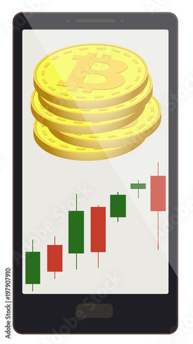 bitcoin coins with candlestick chart on a phone screen