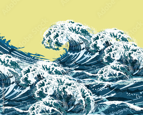 Sea high waves. Hand drawn vector illustration, imitation of oil painting.