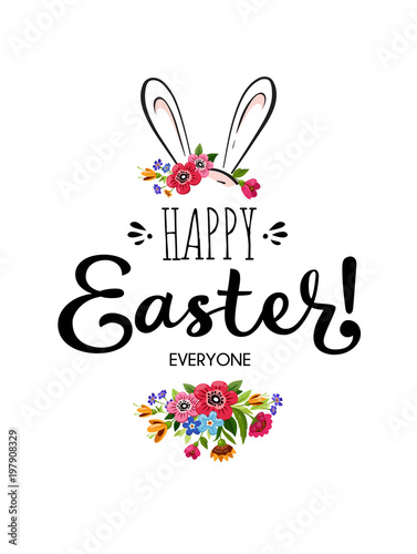 Happy Easter card with lettering , flowers and rabbit