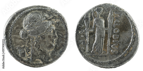 Roman Republic Coin. Ancient Roman silver denarius of the family Claudia.