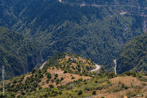 Panoramic view of mountain in National Park of Tzoumerka, Greece Epirus region. Mountain in the clouds