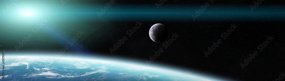 Fototapeta premium Panoramic view of planet Earth with the moon 3D rendering elements of this image furnished by NASA