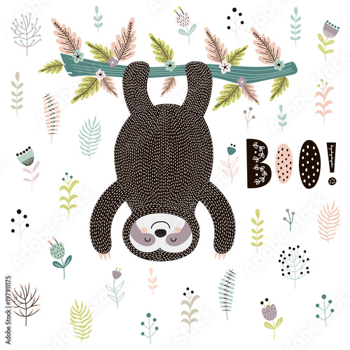 Plakat Gwizd! Śliczny druk z leniwcem zwisającym z drzewa. Ilustracji wektorowych