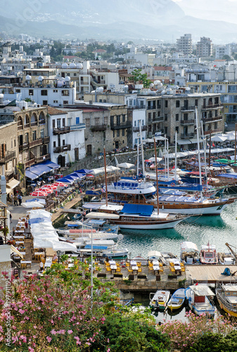 Panoramic aerial view of historic harbour in Kyrenia Girne , North Cyprus