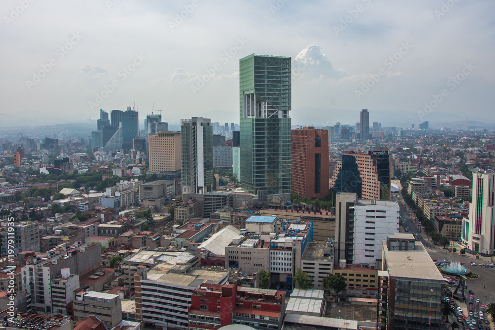Skyline in Mexico City, aerial view of the city