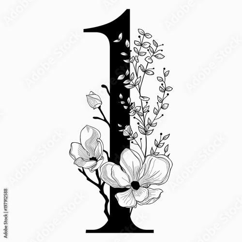 Vector Hand Drawn floral Number One monogram and logo