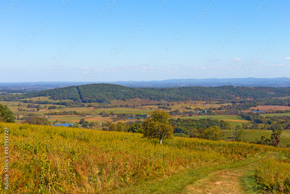 Countryside panorama with grassy fields, ponds and mountains on horizon. Autumn landscape with path through the field in Virginia, USA.