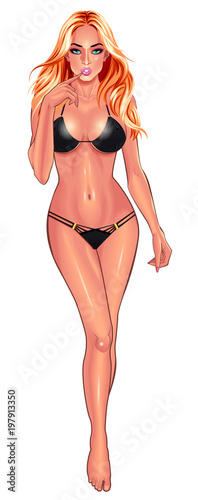 Beautiful sexy young women in black bikini isolated on white background. Beach summer lady with with perfect fitness body. Use for logos, print products, web decor or other design. Vector.