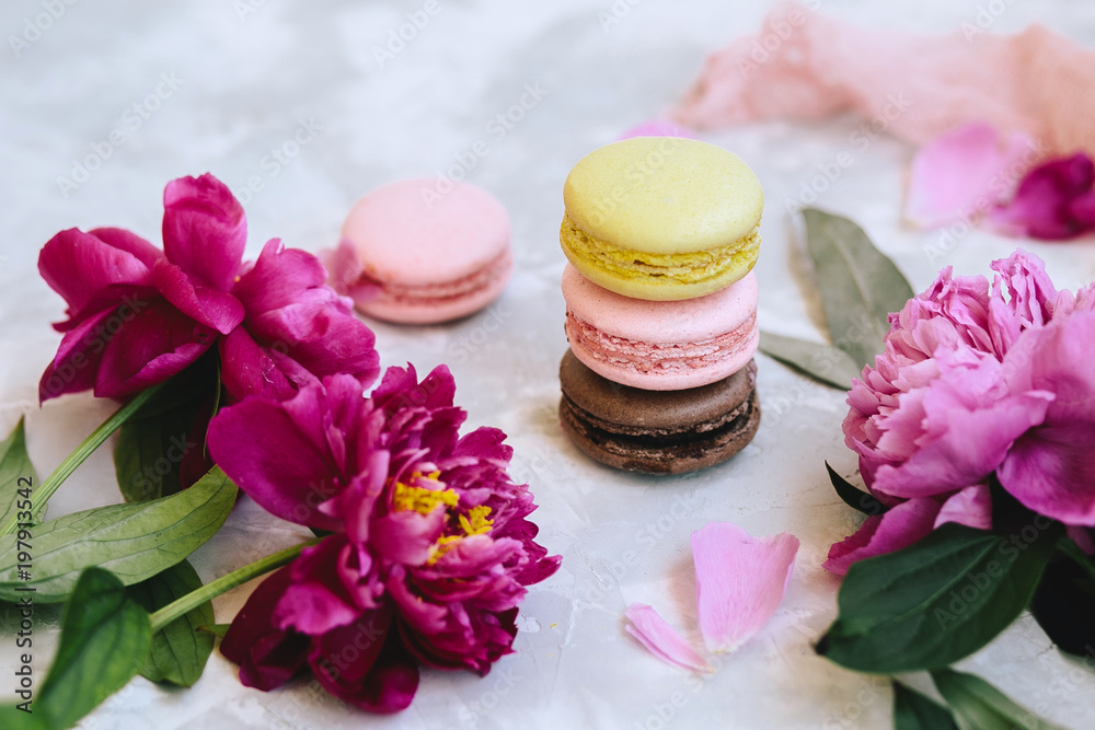 A pile of colorful delicious macaroon closeup with pink peony flowers, petals on a light background concrete