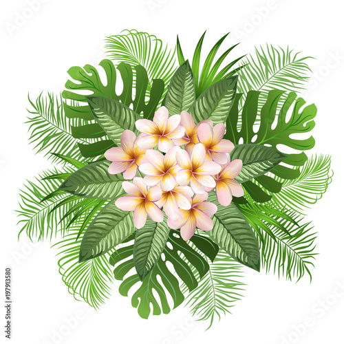 Palm leaves and bunch of plumeria (frangipani) flowers, vector illustration.