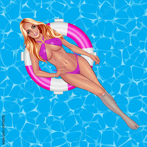 Beautiful sexy young women in purple bikini swimming on inflattable ring. Beach summer lady with with perfect fitness body. Use for logos, print products, web decor or other design. Vector. photo