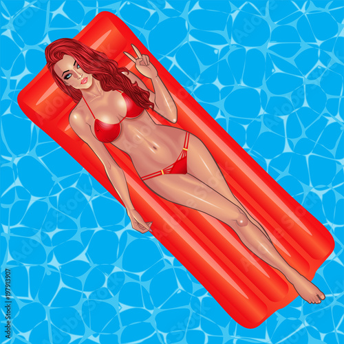 Beautiful sexy young women in red bikini swimming on inflattable mattress. Beach summer lady with with perfect fitness body. Use for logos, print products, web decor or other design. Vector.