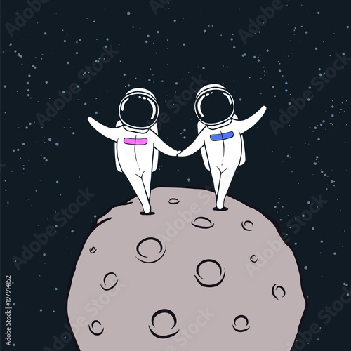Space love in cosmos.Astronaut girl and boy walks on Moon.Romantic vector illustration