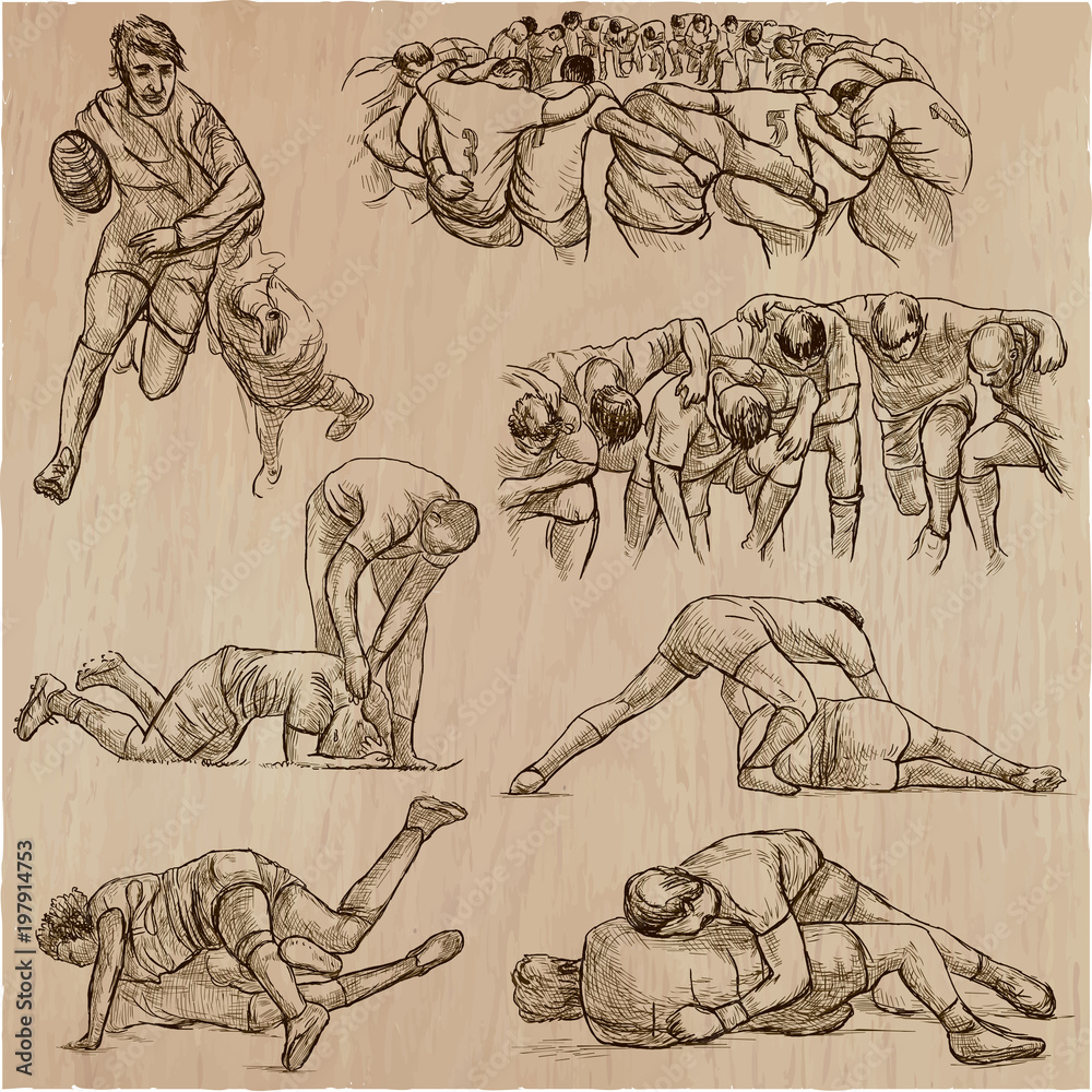 RUGBY - An hand drawn vector collection. Line art pack of some sportmen ...