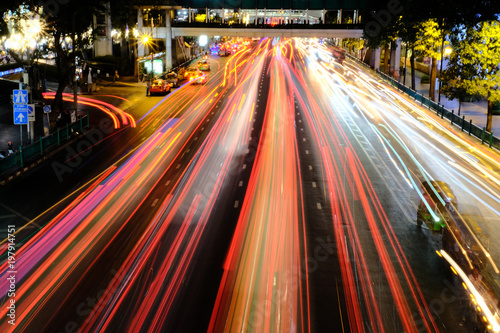 Bangkok, Thailand - March 25, 2018 : Night Traffic at Ratchaprasong Intersection