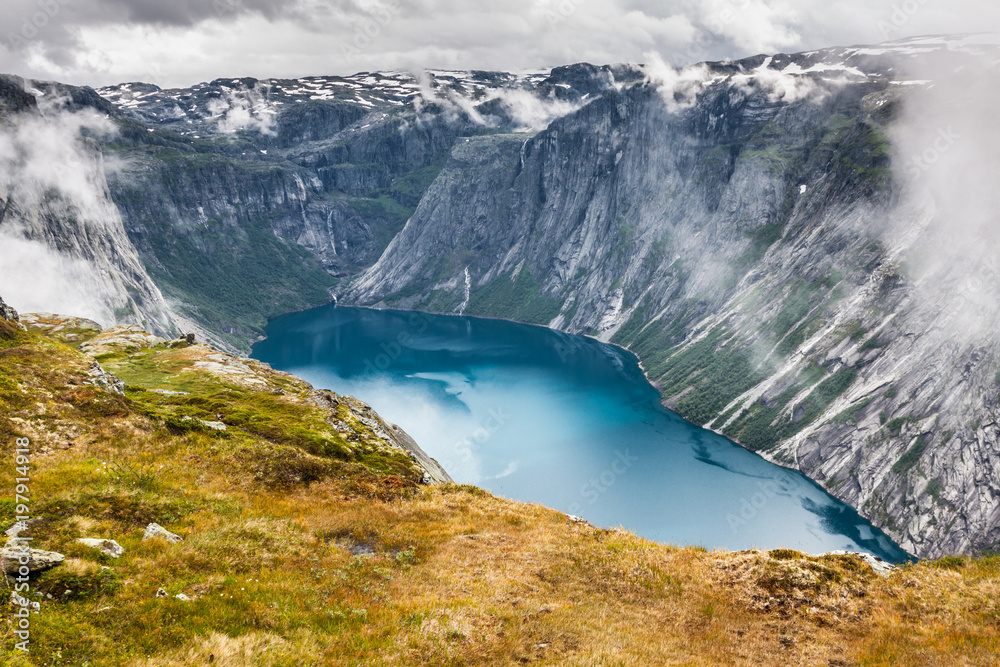 Beautiful norwegian landscape with mountains on the the way to trolltunga Beautiful norwegian landscape with mountains on the the way to trolltunga